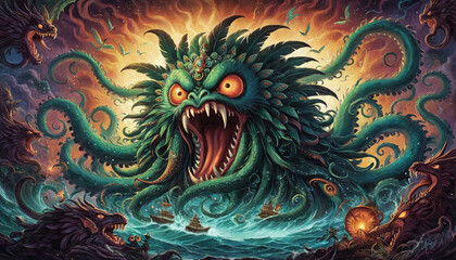 Illustrative depiction of a mythical sea monster that makes the oceans unsafe and is told in old sailor’s tales