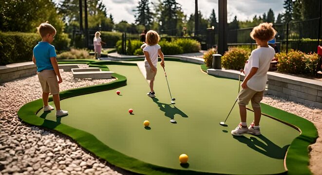 Children playing mini golf.