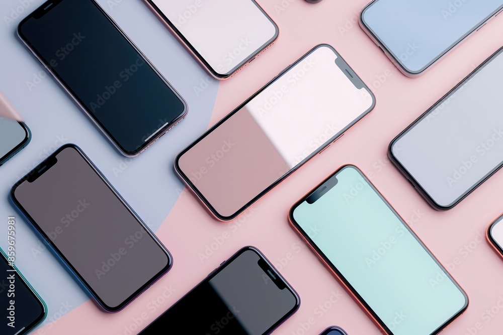 Aufkleber A flat lay image of several modern smartphones arranged at various angles on a pink and blue background. Perfect for mobile technology or smartphone accessory companies. Generative AI