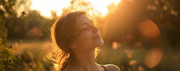 A beautiful woman enjoying the gentle morning sunlight, with a peaceful and content expression. The warm, golden hues of the sunlight add a dreamy and serene quality to the portrait. Free copy space.