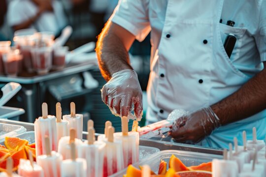 Chef Demonstrating Popsicle Making at Food Festival - Perfect for Culinary Event Promotions