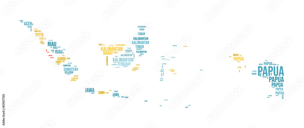 Wall mural Indonesia Word Cloud. Country shape with region division. Indonesia typography style image. Region names tag clouds. Vector illustration.