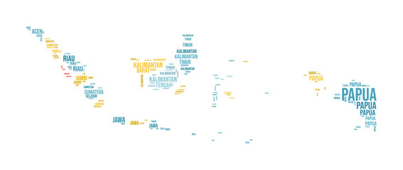 Indonesia Word Cloud. Country shape with region division. Indonesia typography style image. Region names tag clouds. Vector illustration.