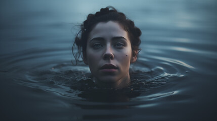 
mental health, portrait of sad woman floating in water, apathy