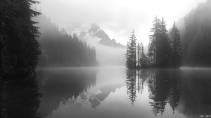 Fototapeta premium Misty Mountain Lake Reflection