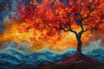 Abstract Expressionistic Autumn Tree with Fiery Background