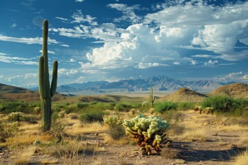 Desert Landscape with Cacti and Mountains