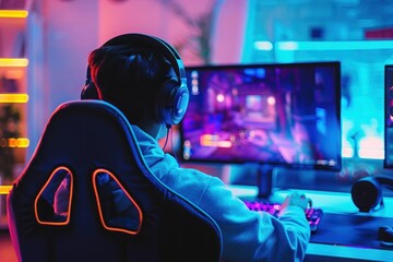 Fototapeta premium A young male streamer intensely focused while playing video games in a dimly lit room with neon lighting. His headphones and gaming setup highlight the modern and engaging world of online streaming.
