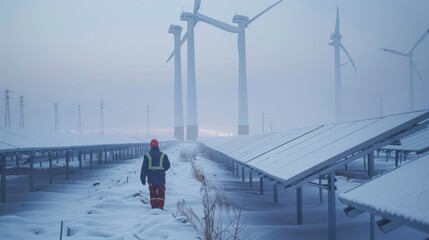 Fototapeta premium Back view a man worker in a yellow vest walks across a snowy road near a wind farm