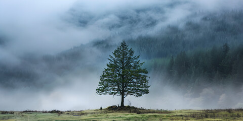 A dramatic shot of a single tree in a misty forest.


