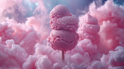 Scoops of pink ice cream sit atop cotton candy clouds, creating a dreamy and whimsical scene that combines the pleasures of sweet treats with a fantastical setting.