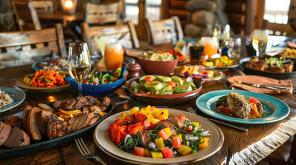 Obraz premium A wooden table set with various colorful dishes, glasses of wine, and juices. Plates display salads, grilled meat, and vegetables.