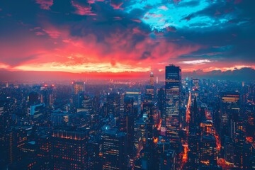 Obraz premium Dramatic cityscape skyline at sunset