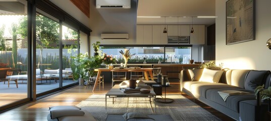 Modern Open Plan Living Area with Air Conditioner and Stylish Furniture, Ideal for Home Interiors
