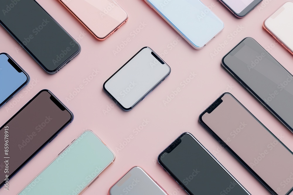 Aufkleber A flat lay image featuring several smartphones of different colors and angles, arranged on a pink surface. Generative AI