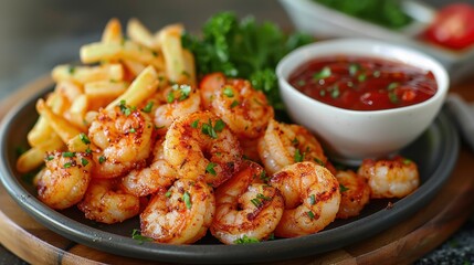 Fototapeta premium A delicious plate featuring spicy seasoned shrimp, crispy fries, and a flavorful dipping sauce, garnished with fresh herbs, showcasing an appetizing and well-plated dish.