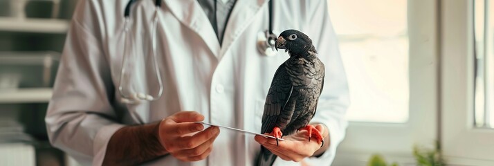 Cropped image of veterinarian doctor with stethoscope holding cute bird bright yellow and red parrot in arms in veterinary clinic on white background banner