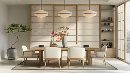 A tasteful modern dining room image highlighting minimalist Zen elements with soft lighting, a beautifully set table, artistic decor, and natural materials exuding tranquility.