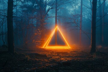 Mysterious glowing triangle in a foggy forest