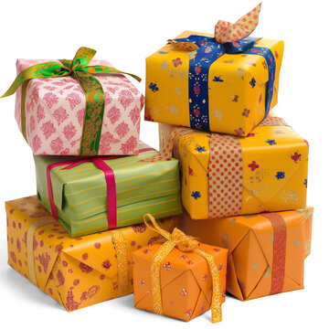 Collection of Wrapped Diwali Gifts with Festive Ribbons | Isolated on Transparent & White Background | PNG File with Transparency