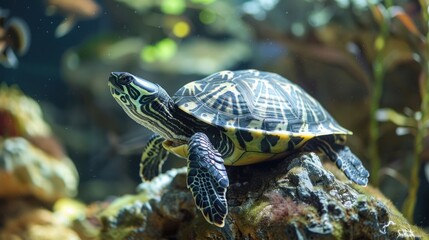 Fototapeta premium Close-Up of a Turtle Resting on a Rock