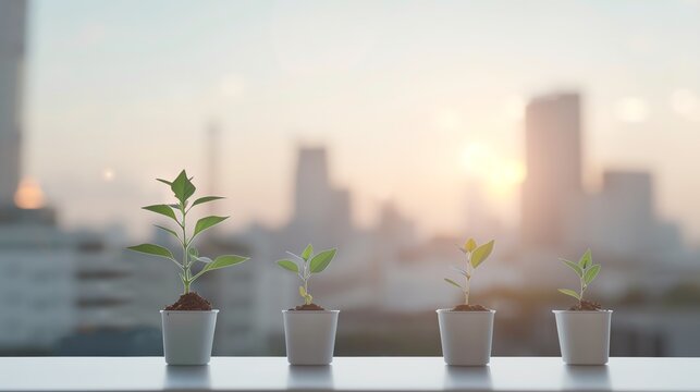 Four small potted plants growing in a row on a windowsill overlooking a cityscape at sunrise, symbolizing growth and sustainability.