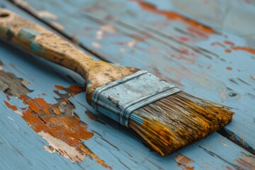Fototapeta premium Old Paintbrush on Weathered Wooden Surface