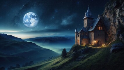 Magic castle on the background of mountains and moonlight
