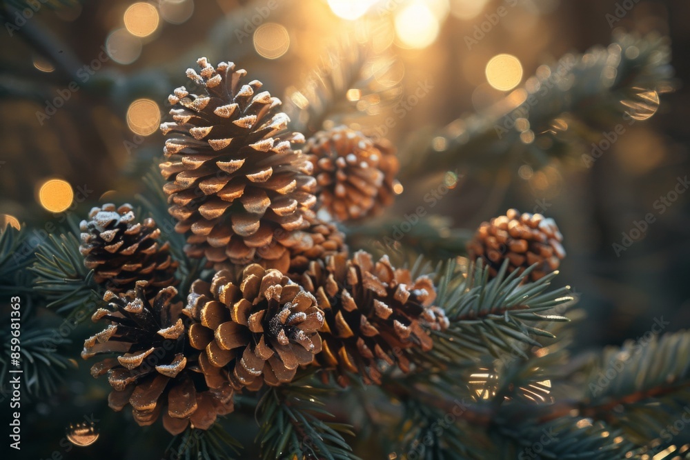 Sticker pine cones with dawn light