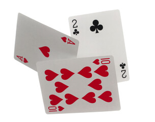 Flying playing card for poker and gambling, ace, deuce and ten card isolated on white, clipping path	