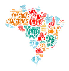 Brazil Word Cloud. Country shape with state division. Brazil typography style image. State names tag clouds. Vector illustration.