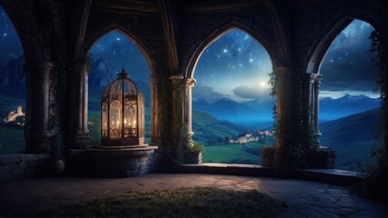 Magic castle on the background of mountains and moonlight