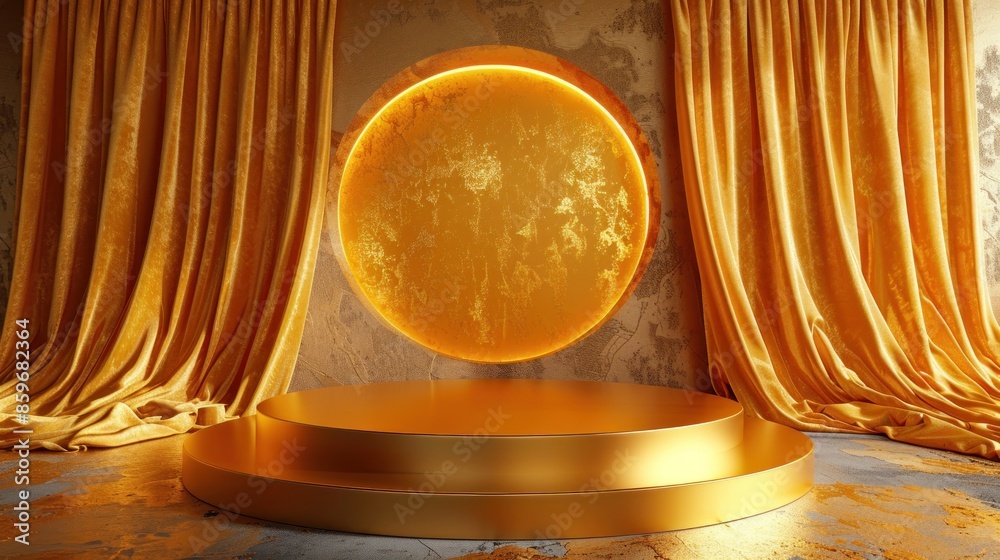 Wall mural Golden Stage with Yellow Curtains and Circle Backdrop