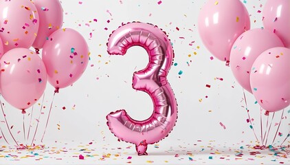 A festive celebration of the third birthday with balloons and confetti in pink pastel tones, an inflatable balloon with the number 3 on a white background.