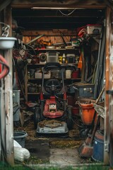 Fototapeta premium Proper Storage of a Lawn Mower During Off Season in a Well-Organized Shed