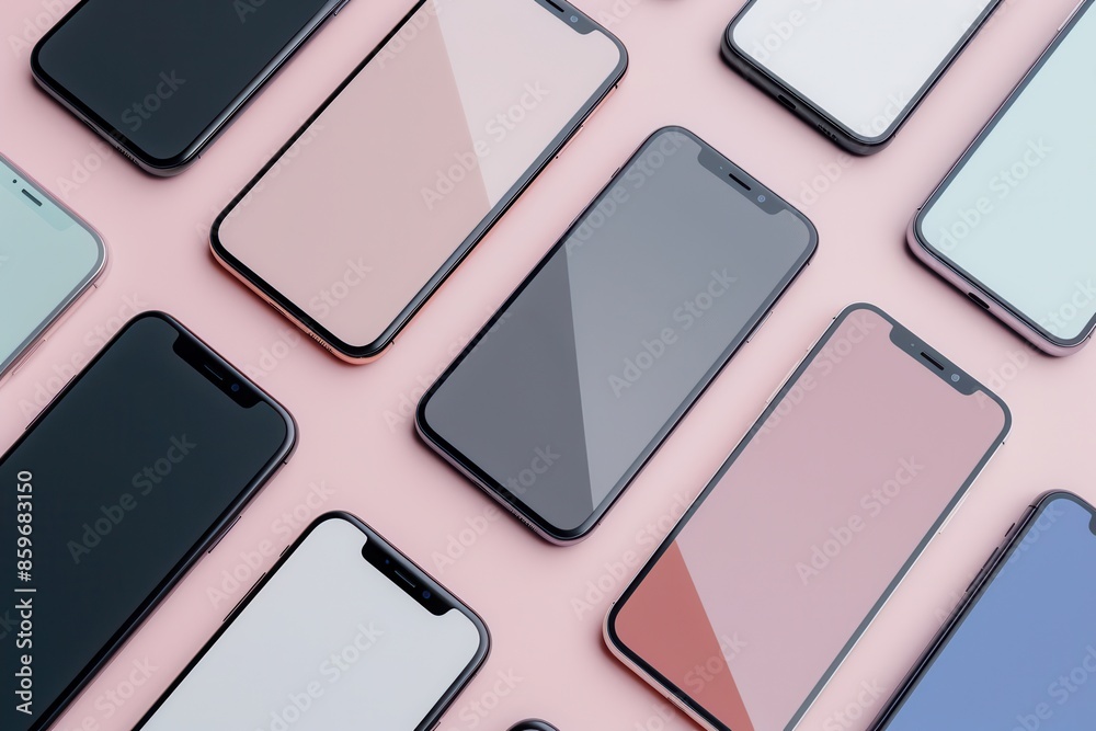 Leinwandbilder a flat lay image showcasing several modern smartphones arranged at various angles on a pink backgrou