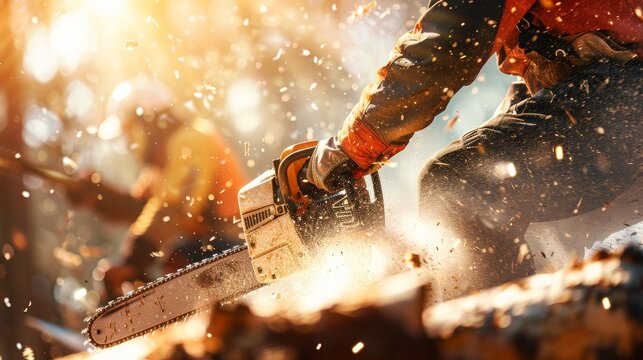 High-Energy Lumberjack Chainsaw Competition with Sawdust Flying in Sunlight