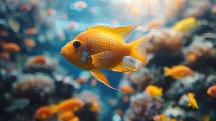 A stunning photograph of a bright orange fish gliding through a vibrant coral reef, highlighting the vivid and dynamic colors of the marine environment and underwater life.