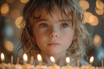 A child blowing out candles on a birthday cake, making a wish. Concept of celebration and dreams. Generative Ai.