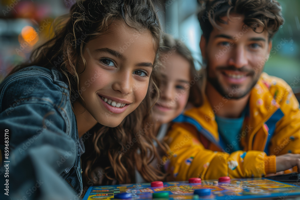 Sticker A family playing board games together on a rainy day. Concept of indoor fun and bonding. Generative Ai.