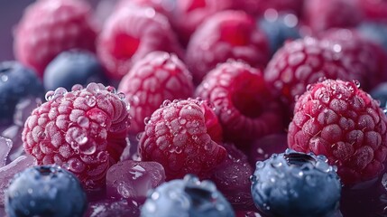 A detailed close-up of raspberries and blueberries adorned with water droplets, focusing on the...