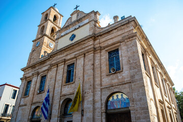 The Cathedral Temple of Chania, Church of Eisodion of Theotokos. Stonewall church and belfry, Crete island Greece.