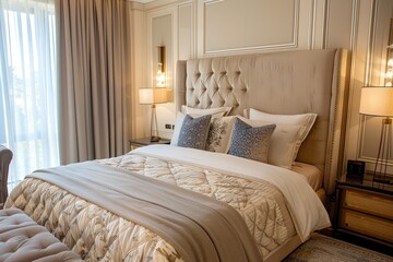Fototapeta premium Luxurious Bedroom with High-End Mattress, Premium Bedding, and Sophisticated Decor - Perfect for Elegant Interior Design