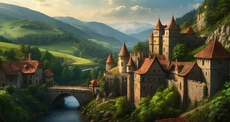 Naklejka premium Spring landscape of historic castle ruins against the background of beautiful and natural green hills illuminated by the sun rays