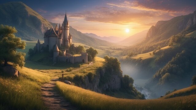 Spring landscape of historic castle ruins against the background of beautiful and natural green hills illuminated by the sun rays