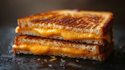 A delicious grilled cheese sandwich with perfectly melted cheddar cheese oozing from the slightly crispy golden-brown toasted bread slices, showcasing simple comfort food.