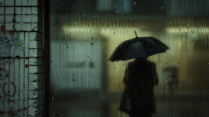 Rainy weather a man in a dark mackintosh with an umbrella stands in the rain near the neon signs of the city