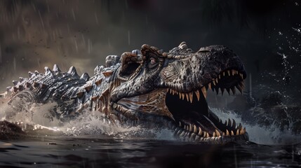 Close-Up of a Prehistoric Crocodile in a Dark, Misty Swamp