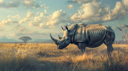 Fototapeta premium A rhino is standing in a field with a tree in the background