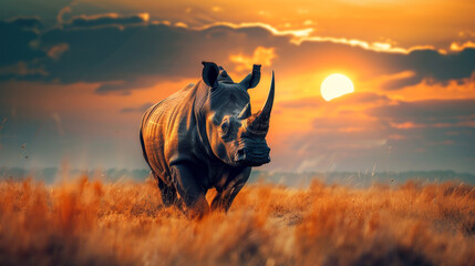 A rhino is running through a field of tall grass